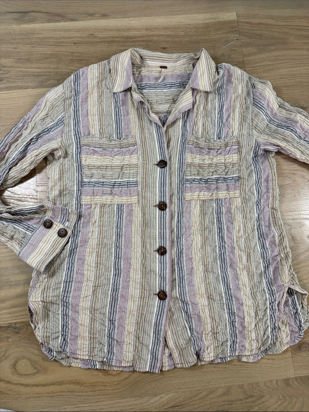 Free People Palisades Striped Crinkle Gauze Button Down Shirt Medium